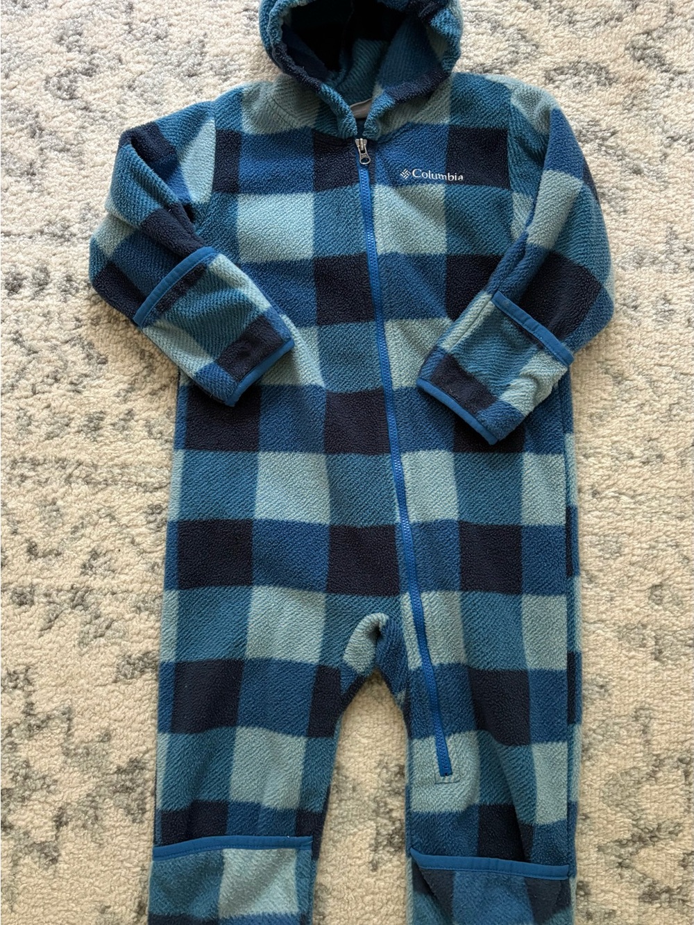 Columbia Blue and Navy Plaid Fleece One-Piece Romper with Hood